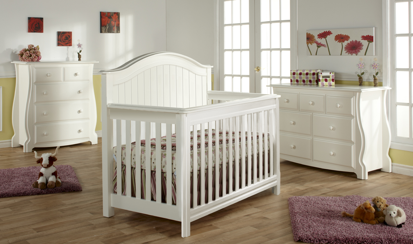 The <b>Bergamo Forever Crib</b> with  a 1905 4-Drawer Dresser, a 1906 Double Dresser and a 7777 Mirror, all shown in  White.