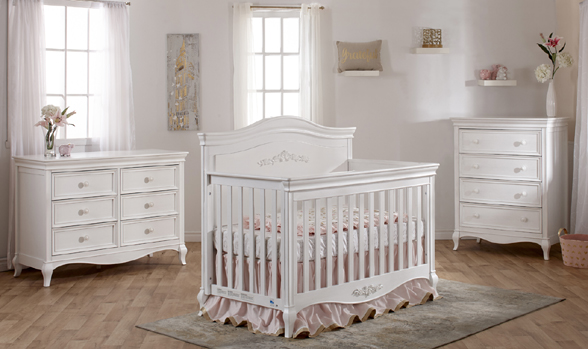 The <b>2403 Diamante Forever Crib</b> features a full panel headboard with a gorgeus <b>floral decor</b>.