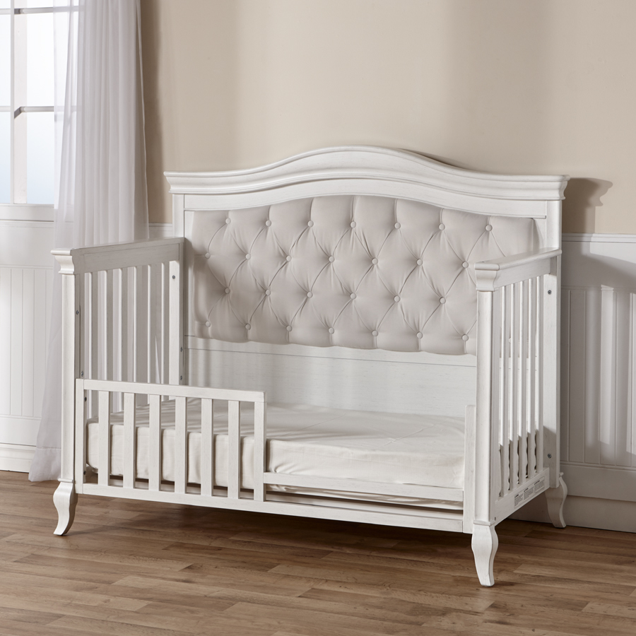 Now in stock: our <b>Diamante</b> Convertible Crib. Here shown as a toddler bed, in Vintage White.