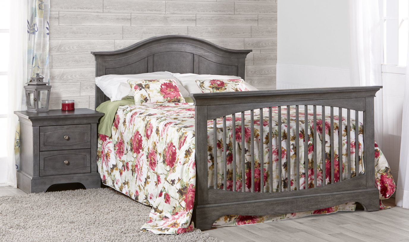 The <b>Enna Forever Crib</b> is a sweet and stylish piece that coordinates nicely with the Ragusa, Marina, Modena and Torino Collections.  Shown here with a 2314 Ragusa nightstand in <b>Distressed Granite</b>.