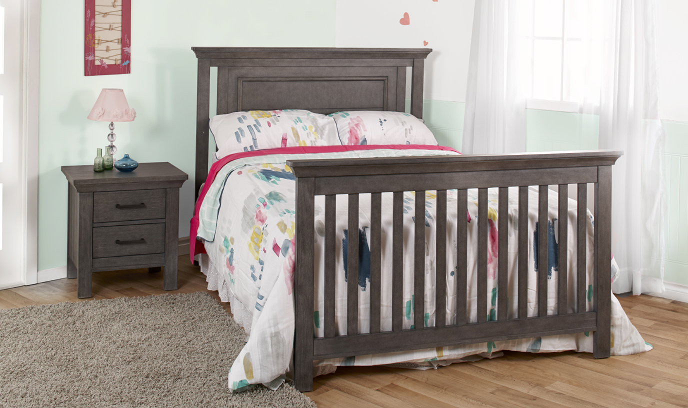 The classy Como Flat Top crib converted into a full-size bed. Here shown in Distressed Granite.