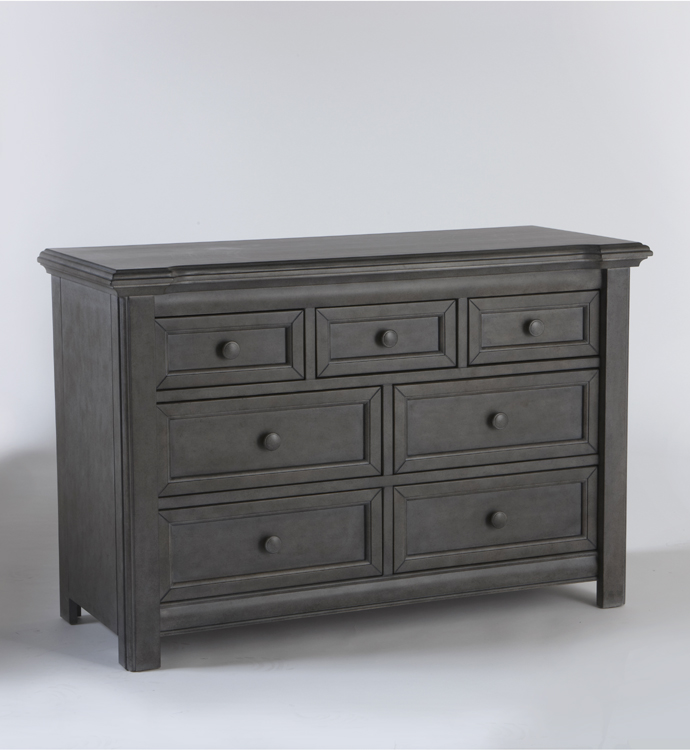 The 2206 <b>Cristallo Double Dresser</b> in Granite. <br>Echoing the facets and beauty of a crystal, the carved layers that step up the top edge of the Cristallo Double Dresser bring a sense of shine to your little one’s space.  This dresser, with four large drawers and three small ones, has plenty of room to store everything from blankets to adorable little tees.  Designed with elegant lines and a clean, simple look that hints at a vintage style, this dresser pairs wonderfully with the rest of the Cristallo Collection for a room that is as fashionable as it is functional. <br> In keeping with Pali’s commitment to creating fine furniture for your family, the Cristallo Double Dresser is as well made as it is beautiful.  Each of the drawer boxes are crafted from Radiatta Pine, and the drawers move effortlessly on soft-closing drawer glides.  Finished with non-toxic finishes that are regularly tested to ensure that they exceed the required standards for lead, this dresser is available in both Granite and Vintage White.  