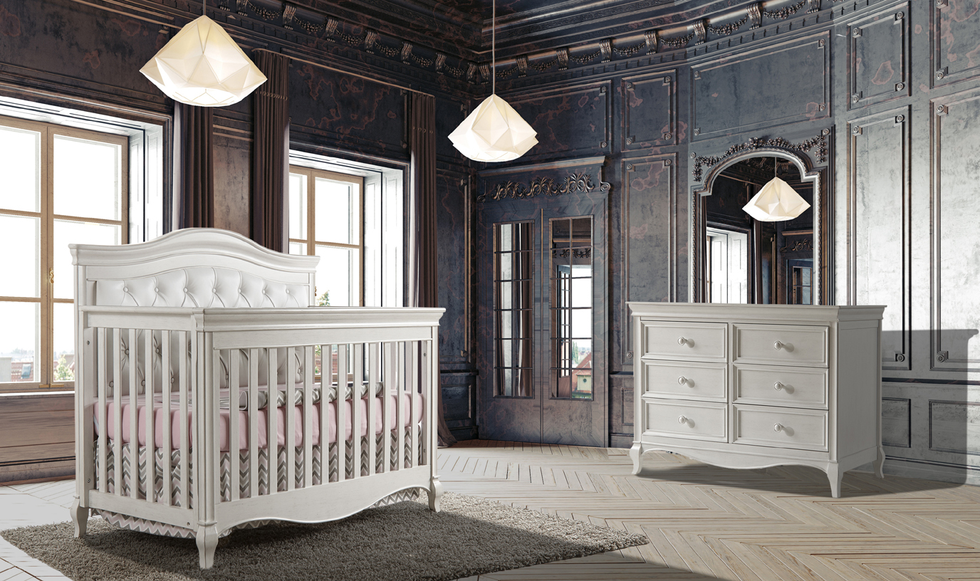 Our breath-taking <b>Diamante Collection</b>, featuring also a the <b>Diamante 2402 Convertible Crib</b> with the white vinyl headboard panel</b>.