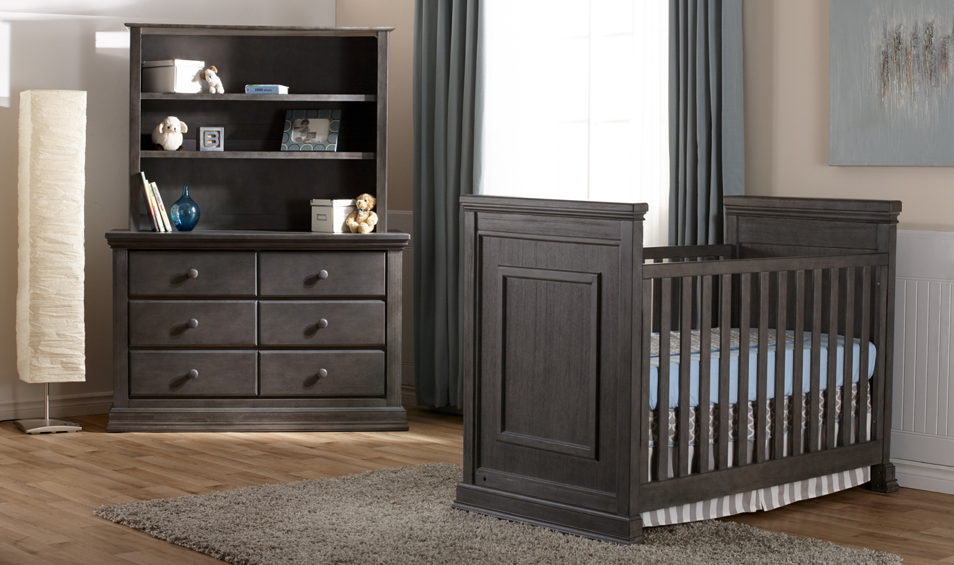 The amazing and brand new <b>Modena Classico Crib</b> with a <b>2106 Double Dresser</b> and a <b>5555 Hutch</b>, in Distressed Granite. Now in stock!