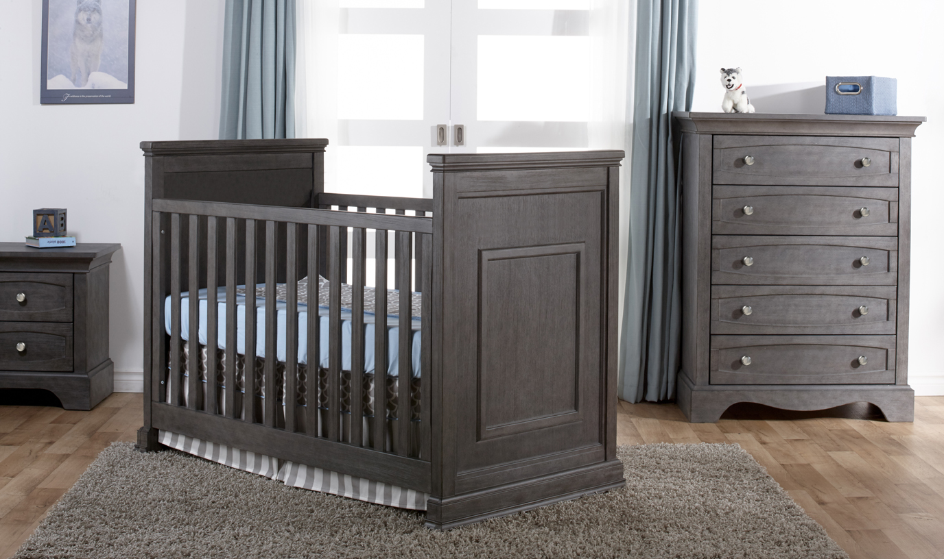The amazing and brand new <b>Modena Classico Crib</b> with a <b>2305 Ragusa Double Dresser</b> and a <b>2314 Ragusa Night table</b>, in Distressed Granite. Now in stock!