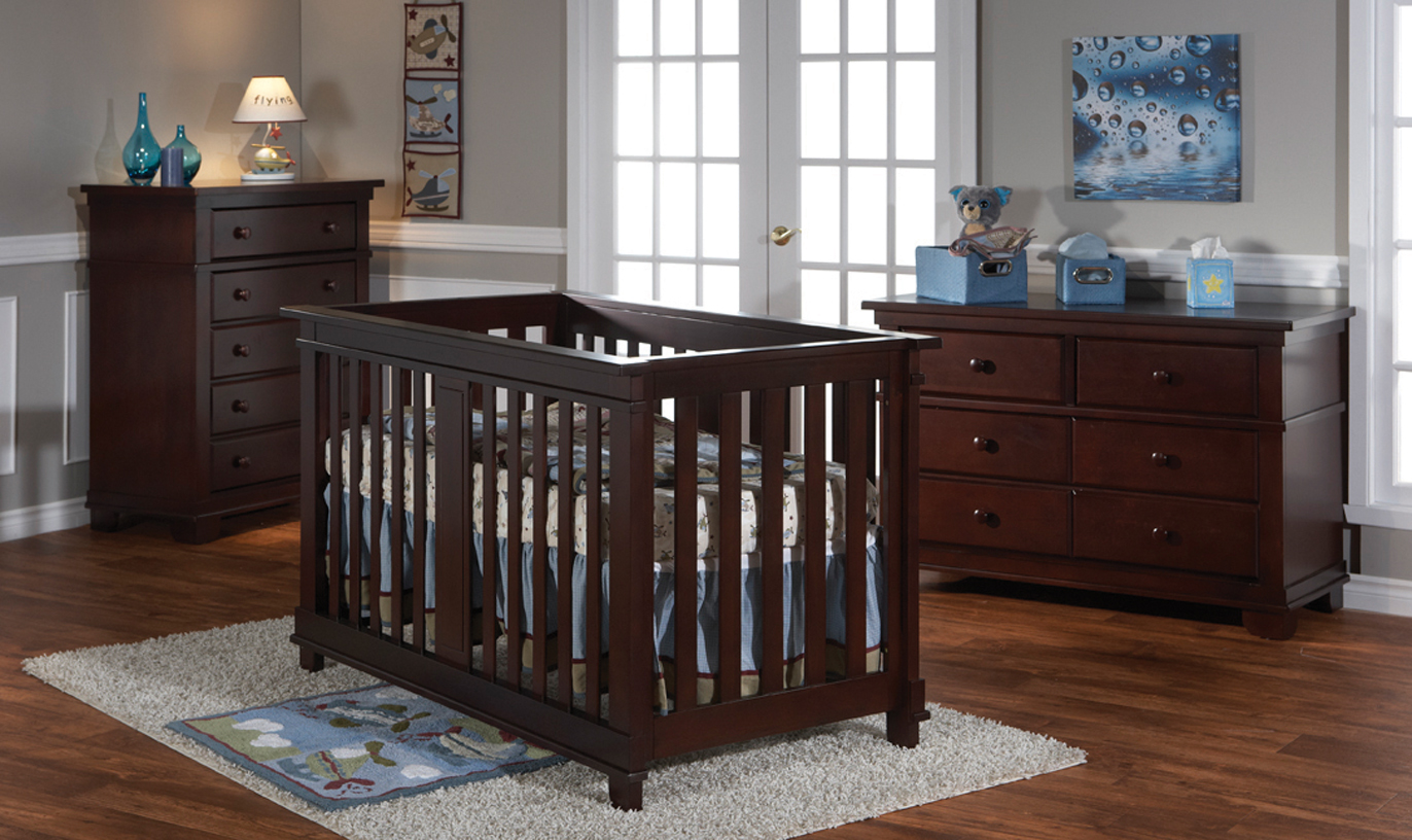 <b>Lucca Forever Crib</b> with a 1306 Double Dresser and a 1305 5 Drawer  Dresser, in Mocacchino.