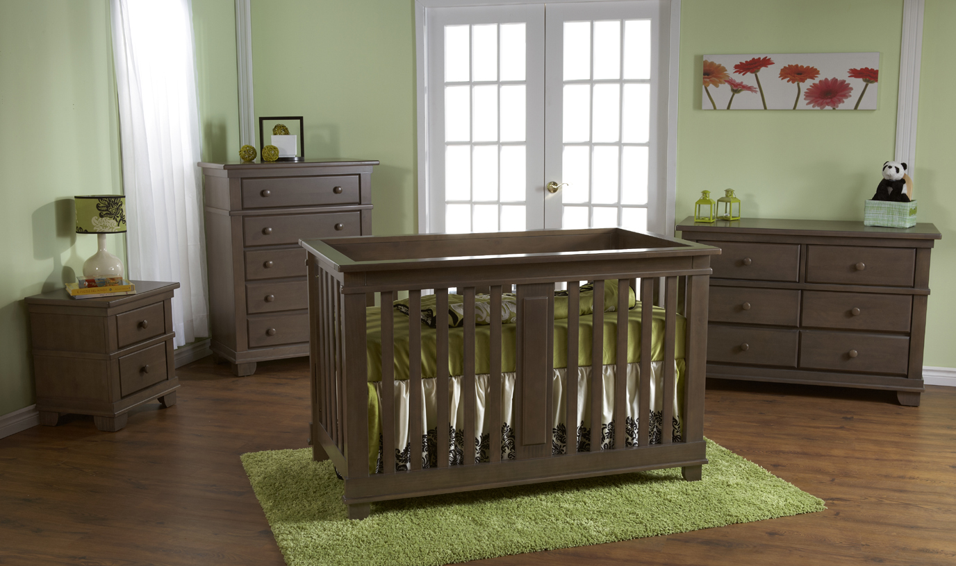 <b>Lucca Forever Crib</b> with a Torino Double Dresser, a Torino 5 Drawer Dresser and a Torino Nightstand, all in Slate.